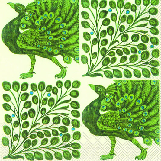 Peacock and Flower Cream Green Leaves IHR Paper Lunch Napkins 33 cm sq 3 ply 20 pack