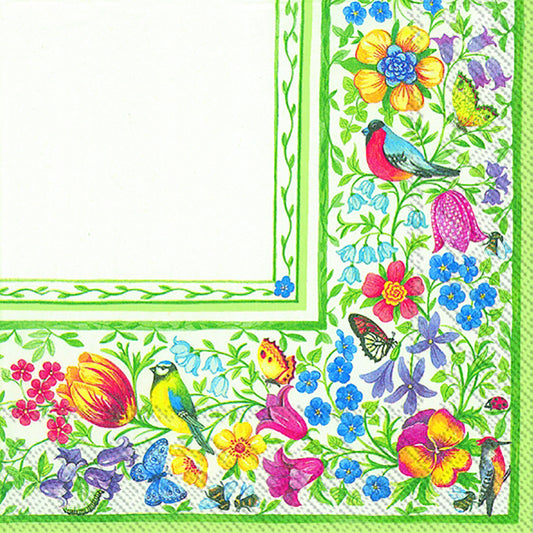 GIARDINO BELLINO White Green Flowers Birds Butterflies IHR Paper Lunch Napkins 33 cm sq 3 ply 20 pack