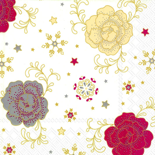 Festive Elegance White Red Gold Flowers Snowflakes IHR Paper Lunch Napkins 33 cm sq 3 ply 20 pack