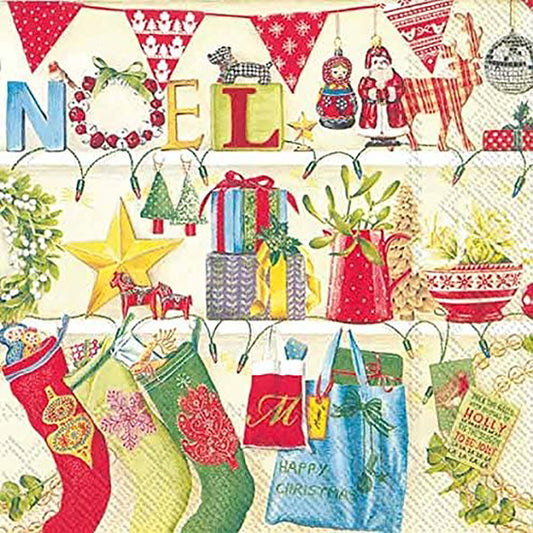 FESTIVE SPECIALS Cream Christmas Stockings Presents IHR Paper Lunch Napkins 33 cm sq 3 ply 20 pack