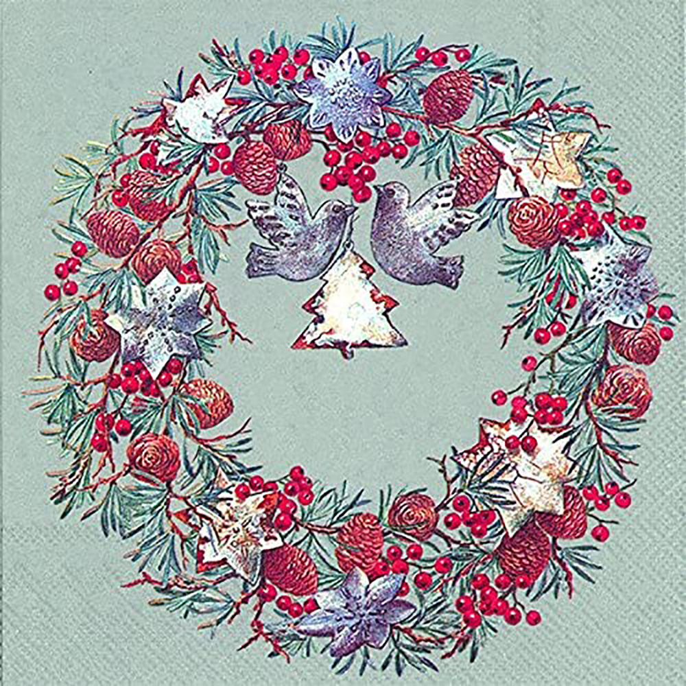 NATURAL WREATH Silver Birds Fircones IHR Paper Lunch Napkins 33 cm sq 3 ply 20 pack