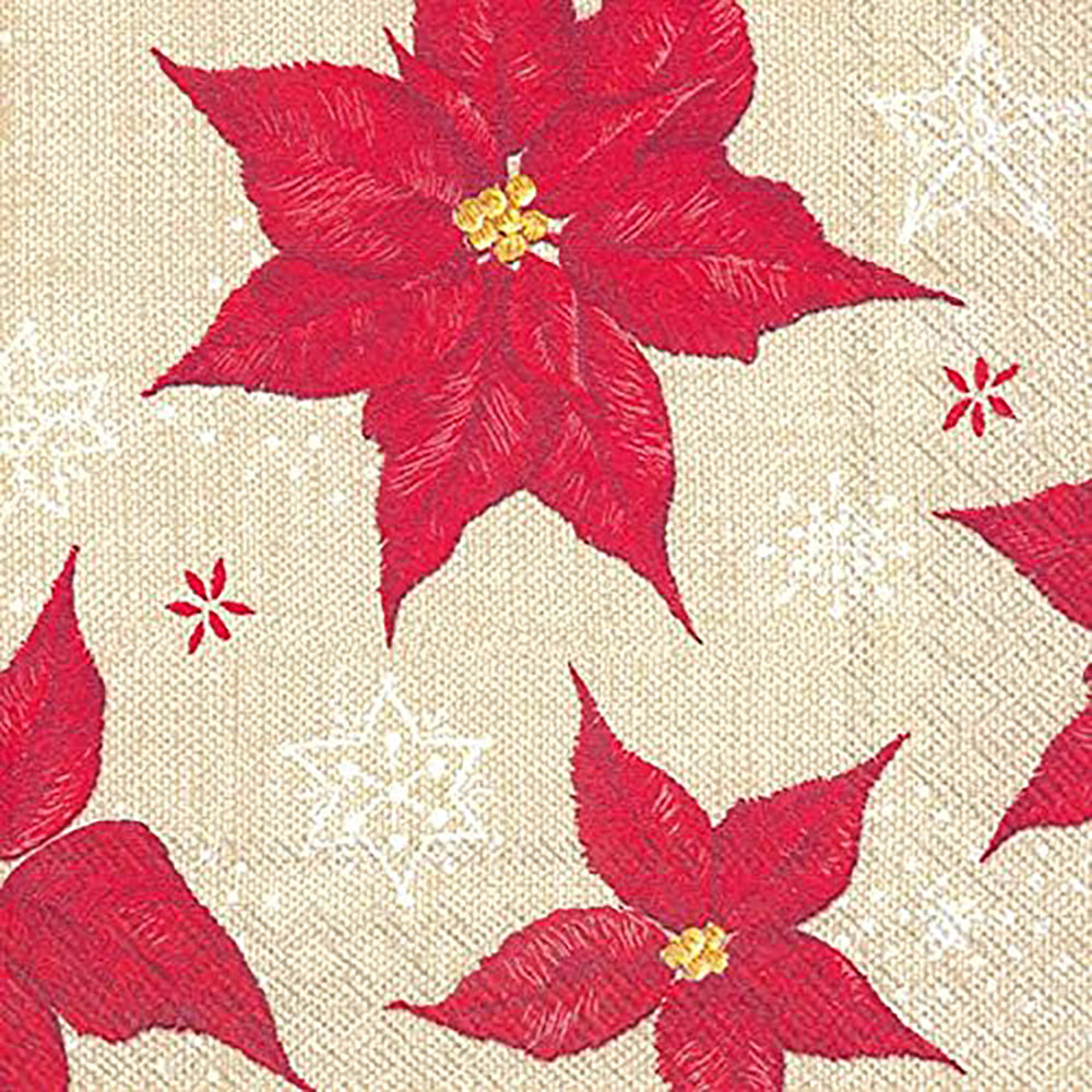 STITCHED WINTER ROSE Linen Red Flowers IHR Paper Lunch Napkins 33 cm sq 3 ply 20 pack