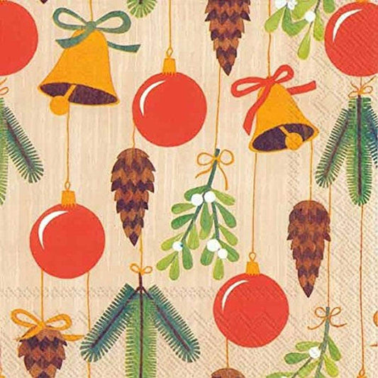 BELLS, BALLS AND CONES Cream Christmas IHR Paper Lunch Napkins 33 cm sq 3 ply 20 pack
