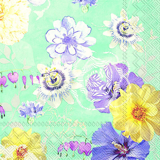 BLOOMY DELIGHT Light Blue Purple White Flowers IHR Paper Lunch Napkins 33 cm sq 3 ply 20 pack