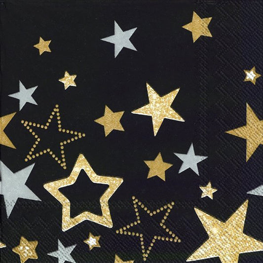 Sparkling Stars Black Gold Silver IHR Paper Lunch Napkins 33 cm sq 3 ply 20 pack