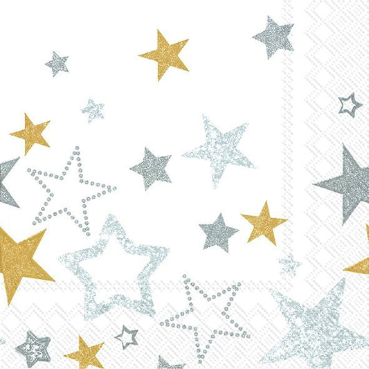 SPARKLING STARS White Gold Silver IHR Paper Lunch Napkins 33 cm sq 3 ply 20 pack