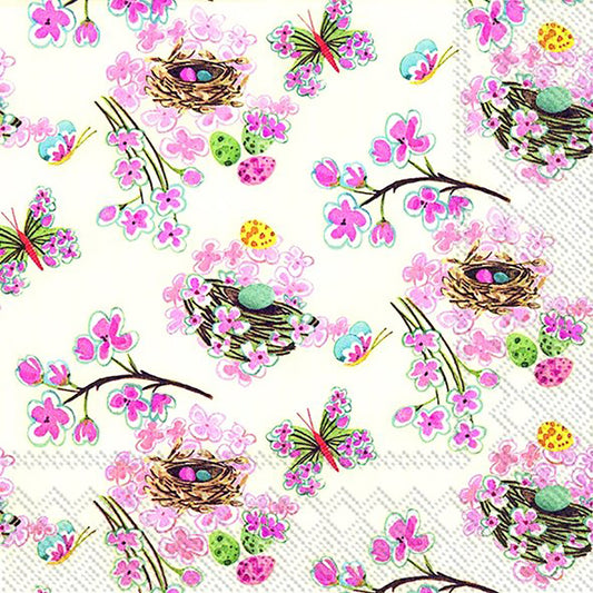 RITE OF SPRING Pink Flowers Nests Butterflies IHR Paper Lunch Napkins 33 cm sq 3 ply 20 pack