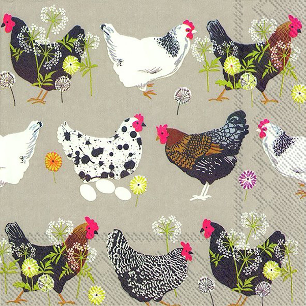 Spatter Hens Linen Chickens Flowers IHR Paper Lunch Napkins 33 cm sq 3 ply 20 pack