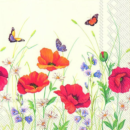 SUMMER MEADOW Cream Poppies Butterflies IHR Paper Lunch Napkins 33 cm sq 3 ply 20 pack