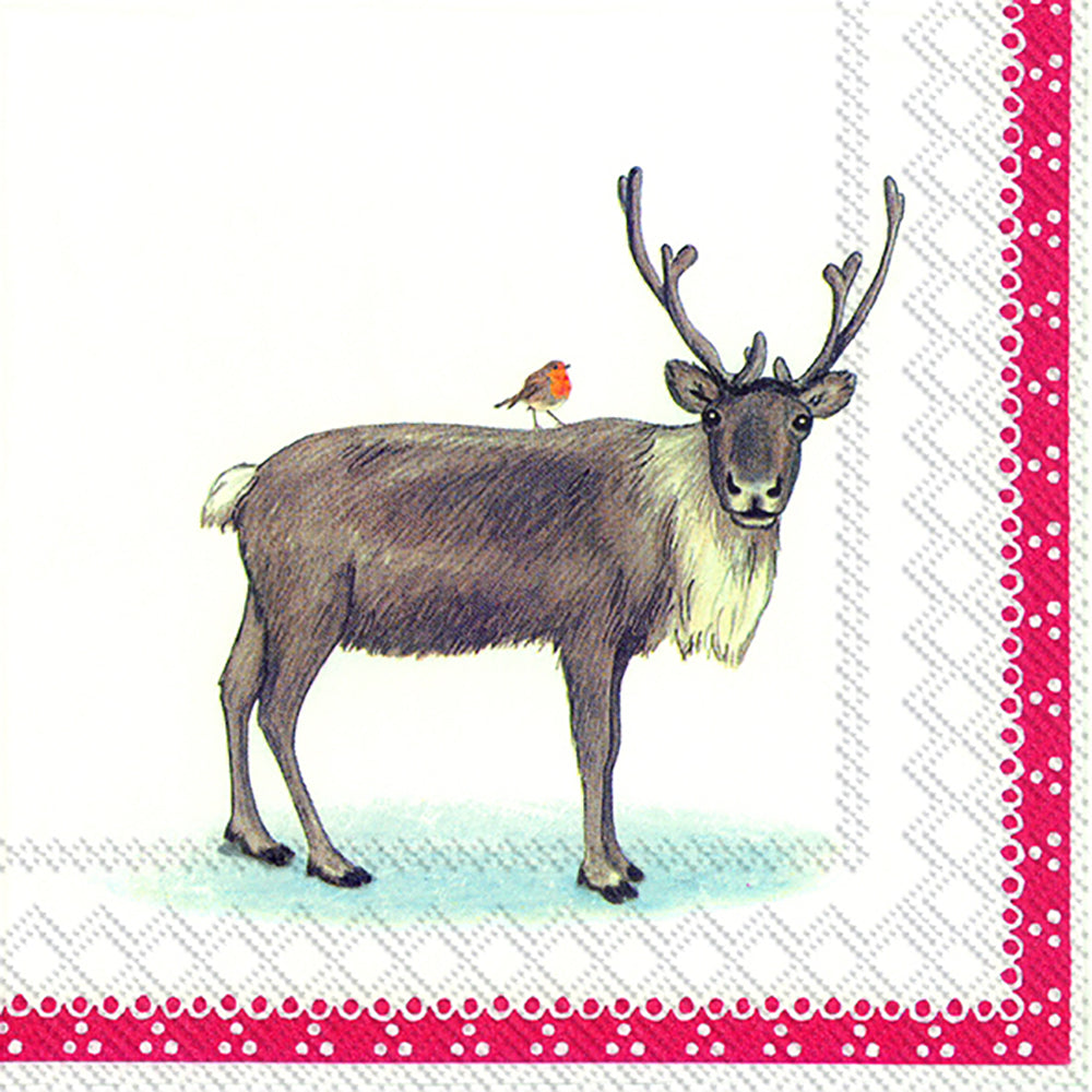 Gustaf White Red Reindeer Robin IHR Paper Lunch Napkins 33 cm sq 3 ply 20 pack