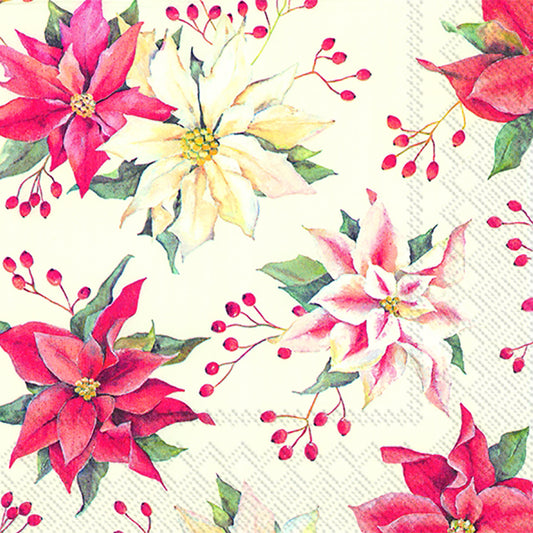 ISABELLE White Red Flowers Berries IHR Paper Lunch Napkins 33 cm sq 3 ply 20 pack