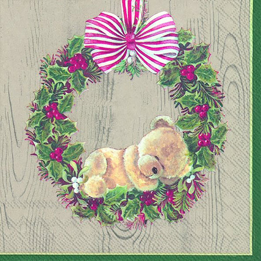 LITTLE WEARY BEAR Light Brown Christmas Wreath IHR Paper Lunch Napkins 33 cm sq 3 ply 20 pack