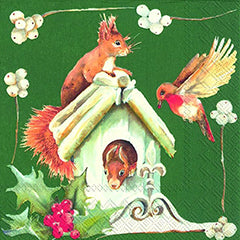 SURPRISING VISIT Green Squirrel Birdhouse IHR Paper Lunch Napkins 33 cm sq 3 ply 20 pack