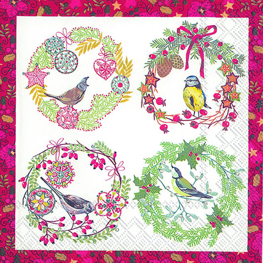 Birds and Wreaths Red Green Christmas IHR Paper Lunch Napkins 33 cm sq 3 ply 20 pack