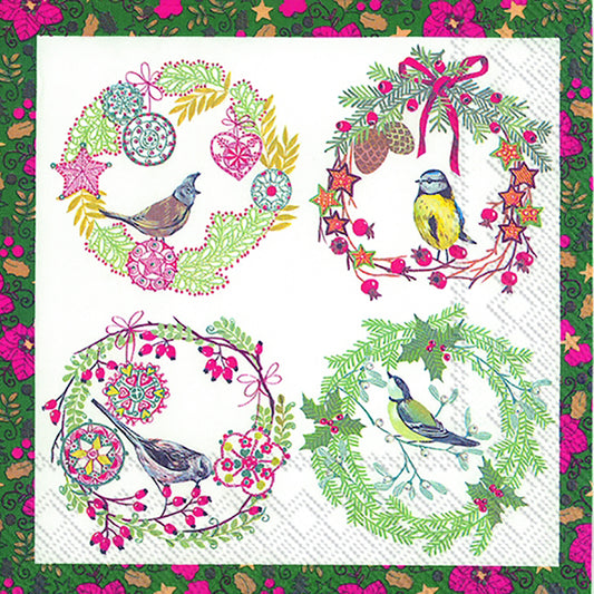 Birds and Wreaths Green Pink Christmas IHR Paper Lunch Napkins 33 cm sq 3 ply 20 pack