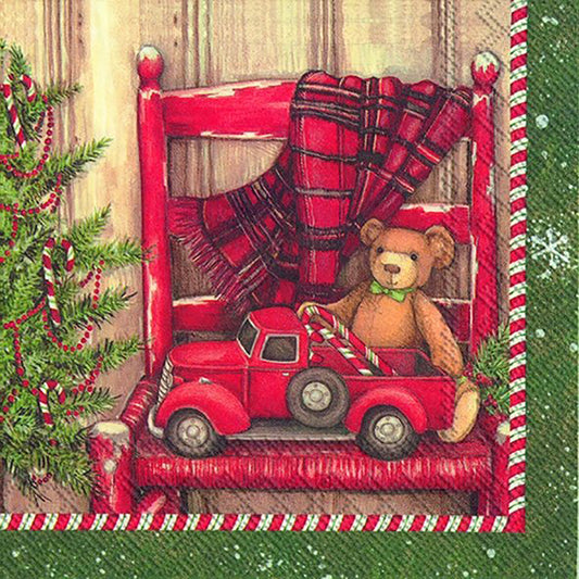 BEAR IN A CHAIR Red Christmas Toys IHR Paper Lunch Napkins 33 cm sq 3 ply 20 pack