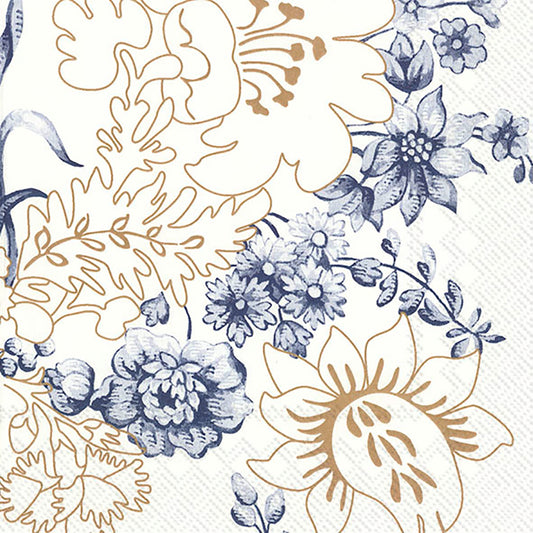 PALMER'S SILK (V&A) White Gold Blue Flowers IHR Paper Lunch Napkins 33 cm sq 3 ply 20 pack