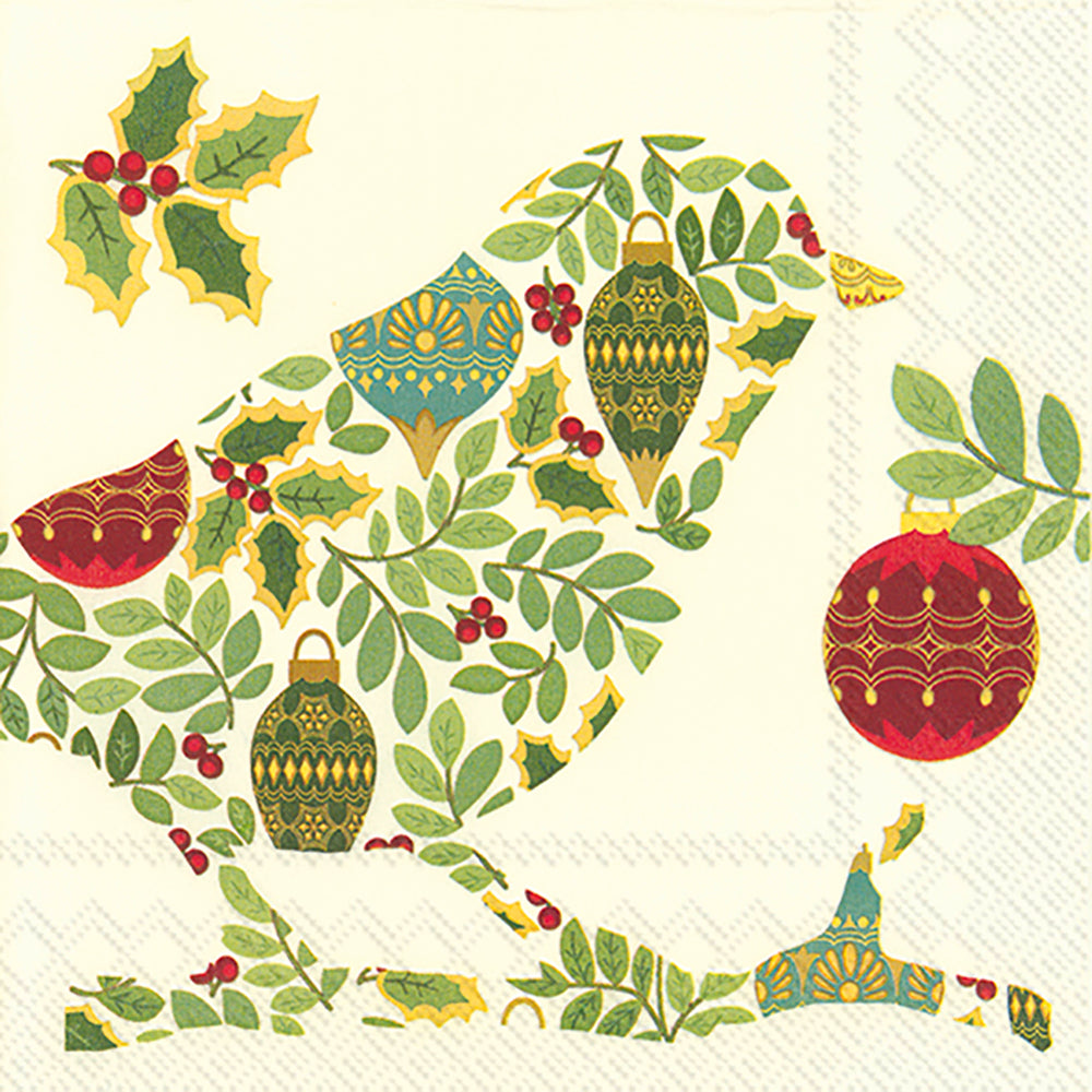 FESTIVE BIRD Cream Holly Baubles Christmas IHR Paper Lunch Napkins 33 cm sq 3 ply 20 pack