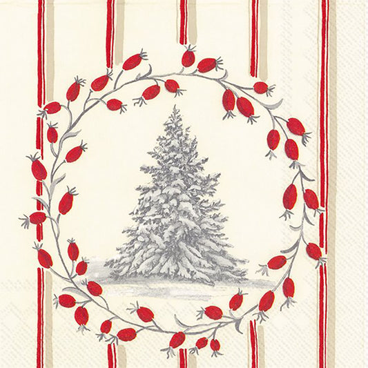 SNOWY TREE Cream Red Stripes Berries IHR Paper Lunch Napkins 33 cm sq 3 ply 20 pack