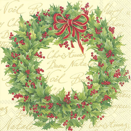 HOLLY WREATH Cream Christmas IHR Paper Lunch Napkins 33 cm sq 3 ply 20 pack