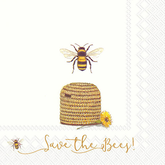 SAVE THE BEES! White Hive IHR Paper Lunch Napkins 33 cm sq 3 ply 20 pack
