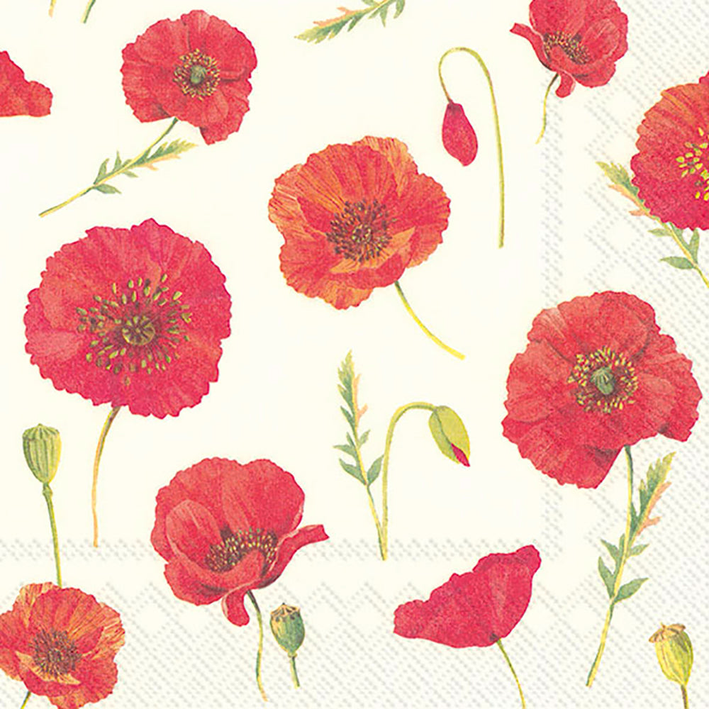 POLLY Cream Red Poppies IHR Paper Lunch Napkins 33 cm sq 3 ply 20 pack