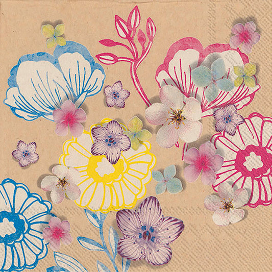 LIZ Brown Paper Multicoloured Flowers IHR Paper Lunch Napkins 33 cm sq 3 ply 20 pack