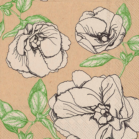 ANN Brown Paper Green White Flowers IHR Paper Lunch Napkins 33 cm sq 3 ply 20 pack