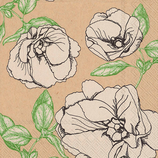ANN Brown Paper Green White Flowers IHR Paper Lunch Napkins 33 cm sq 3 ply 20 pack