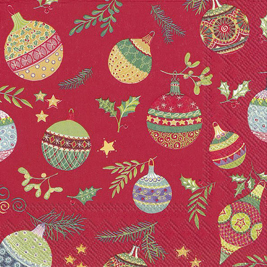 PRETTY GLOBES Red Christmas Baubles Leaves IHR Paper Lunch Napkins 33 cm sq 3 ply 20 pack