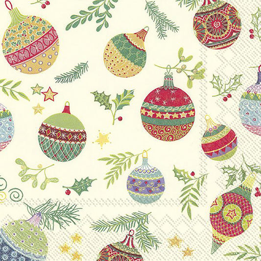 PRETTY GLOBES Cream Christmas Baubles Leaves IHR Paper Lunch Napkins 33 cm sq 3 ply 20 pack