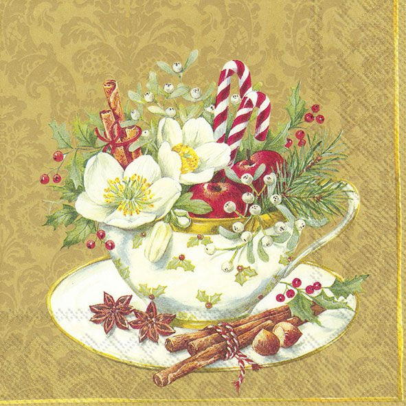 CUP OF CHRISTMAS Gold Teacup Flowers IHR Paper Lunch Napkins 33 cm sq 3 ply 20 pack