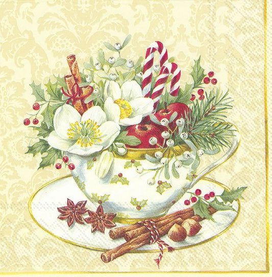 CUP OF CHRISTMAS Cream Teacup Flowers IHR Paper Lunch Napkins 33 cm sq 3 ply 20 pack