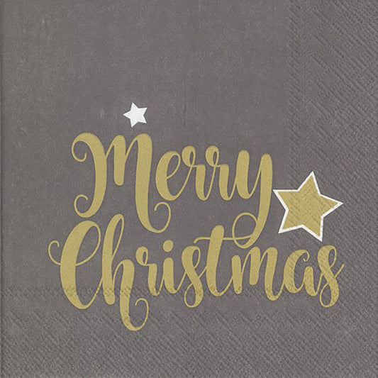 SHINY MERRY CHRISTMAS Grey Gold Stars IHR Paper Lunch Napkins 33 cm sq 3 ply 20 pack