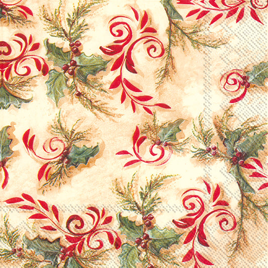 HOLLY HARLEQUIN Cream Red Floral Holly IHR Paper Lunch Napkins 33 cm sq 3 ply 20 pack