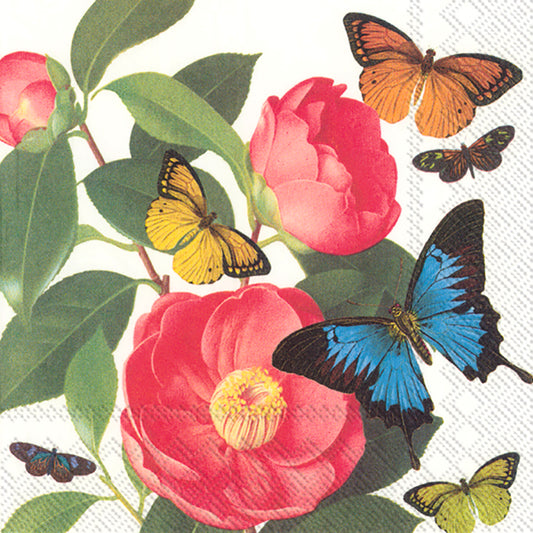 GLAMOROUS CAMELLIA Butterflies Red Flowers IHR Paper Lunch Napkins 33 cm sq 3 ply 20 pack