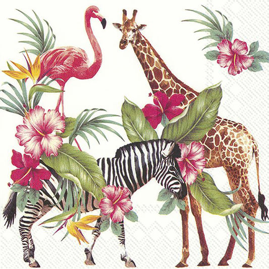 SAFARI PARK White Wild Animals Flowers IHR Paper Lunch Napkins 33 cm sq 3 ply 20 pack