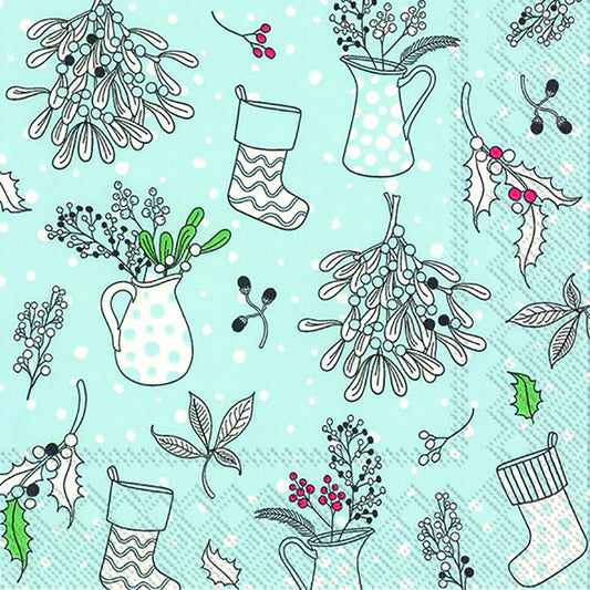 JULIA Light Blue Mistletoe Stockings Christmas IHR Paper Lunch Napkins 33 cm sq 3 ply 20 pack