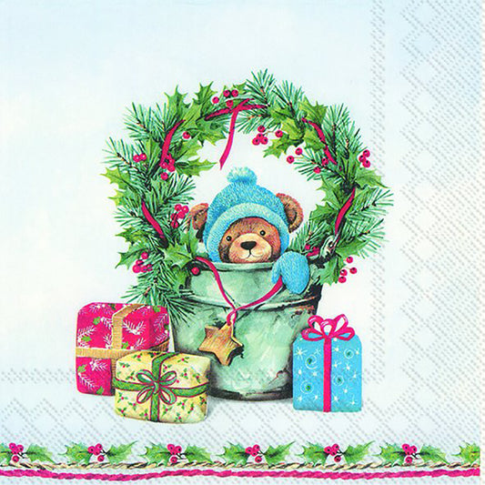 HELLO TEDDY Light Blue Christmas Wreath IHR Paper Lunch Napkins 33 cm sq 3 ply 20 pack