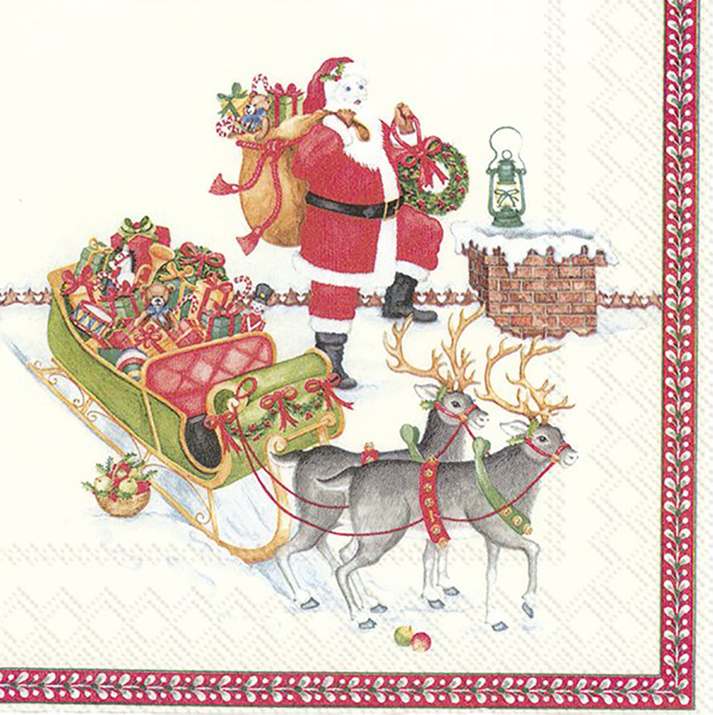V & B Santa on the Roof Cream Reindeer IHR Paper Lunch Napkins 33 cm sq 3 ply 20 pack