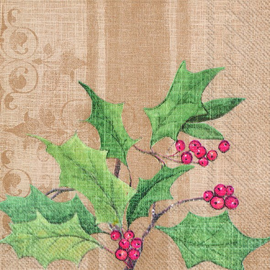 CHRISTMAS HOLLY Light Brown IHR Paper Lunch Napkins 33 cm sq 3 ply 20 pack