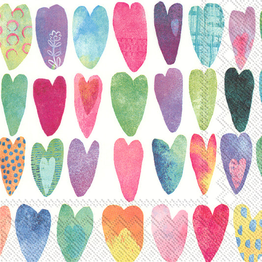 RAINBOW HEARTS Multicoloured IHR Paper Lunch Napkins 33 cm sq 3 ply 20 pack