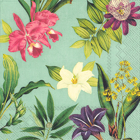 FLOWERS OF PARADISE Mint Flowers Leaves IHR Paper Lunch Napkins 33 cm sq 3 ply 20 pack