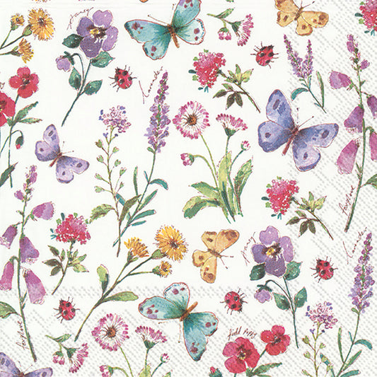 SUMMER FLOWERS White Multicoloured Flowers Butterflies IHR Paper Lunch Napkins 33 cm sq 3 ply 20 pack