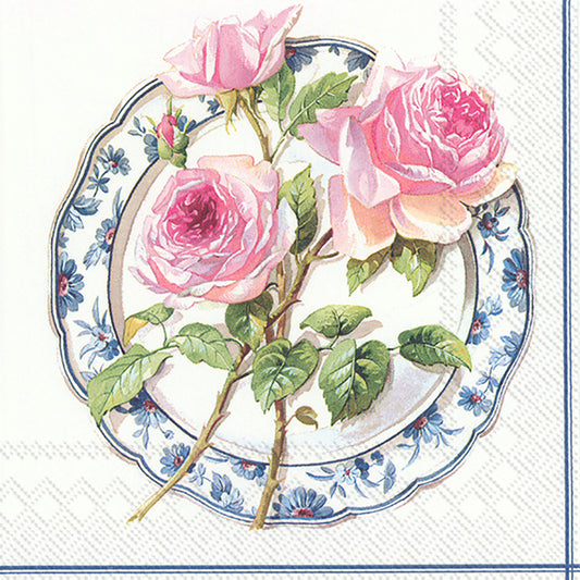ROSE FOR LUNCH White Pink Flowers Plate IHR Paper Lunch Napkins 33 cm sq 3 ply 20 pack