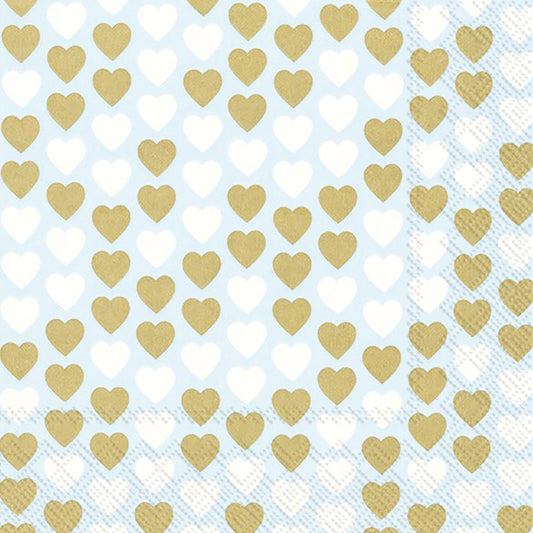 Lovely Little Hearts Light Blue Gold IHR Paper Lunch Napkins 33 cm sq 3 ply 20 pack