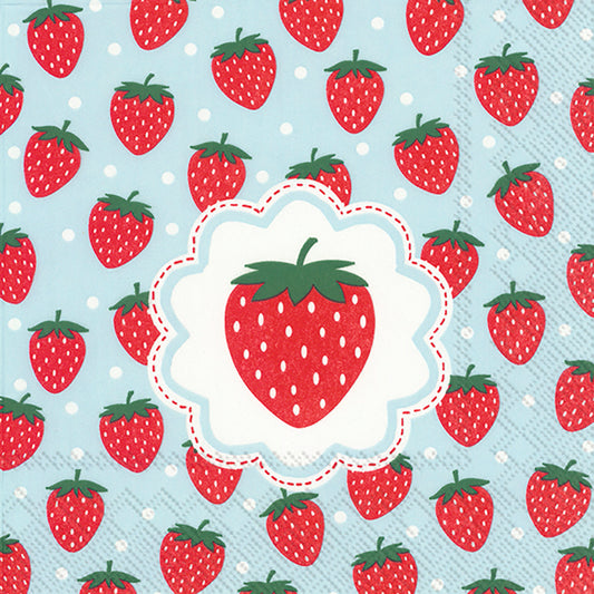 MY LITTLE STRAWBERRIES Light Blue IHR Paper Lunch Napkins 33 cm sq 3 ply 20 pack