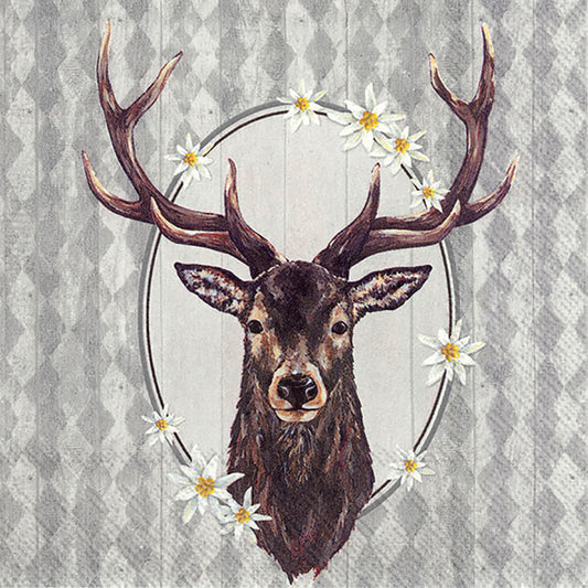 LUDWIG Grey Stag Flowers IHR Paper Lunch Napkins 33 cm sq 3 ply 20 pack