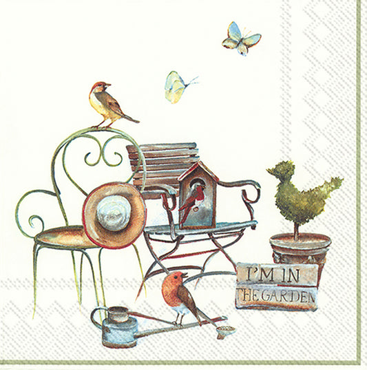 I'M IN THE GARDEN White Birds Butterflies IHR Paper Lunch Napkins 33 cm sq 3 ply 20 pack