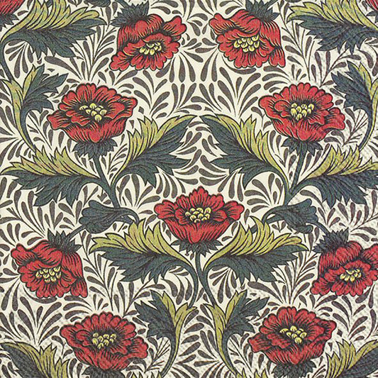 PEONY (V&A) Cream Red Flowers Leaves IHR Paper Lunch Napkins 33 cm sq 3 ply 20 pack